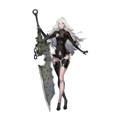 Fan art of 2B (YoRHa No.2 Type B) from NieR: Automata, depicted with long white hair and a black dress, holding a large sword against a dark background.
