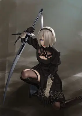Fan art of 2B (YoRHa No.2 Type B) from NieR: Automata, depicted in a combat stance with a sword.