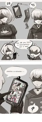 Fan art illustration of 2B and 9S from NieR: Automata, showing both characters with smartphones in a black-and-white comic strip format.
