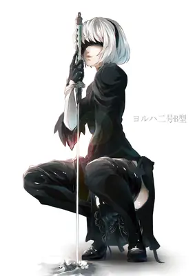 Fan art of 2B (YoRHa No.2 Type B) from NieR: Automata, depicted in a black dress with a blindfold and sword.
