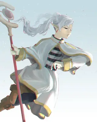 Fan art of 2B (YoRHa No.2 Type B) from NieR: Automata, depicted in a white cloak with a staff, set against a pale sky.