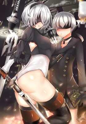 Fan art of 2B and 9S from NieR: Automata, featuring the characters in their signature YoRHa outfits with blindfolds and combat gear.