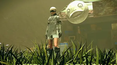 2B (YoRHa No.2 Type B) from NieR: Automata stands in tall grass with a large, smiling moon-like object in the background.