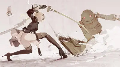 Fan art of 2B (YoRHa No.2 Type B) from NieR: Automata in a dynamic combat pose against a robot enemy.