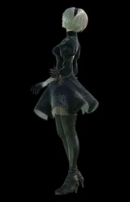 2B (YoRHa No.2 Type B) from NieR: Automata shown in a gothic-lolita style black dress with a blindfold and long boots.