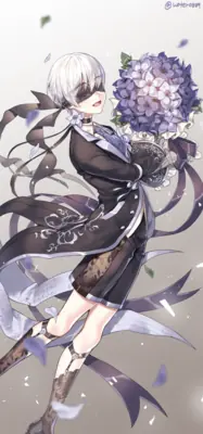 2B (YoRHa No.2 Type B) from NieR: Automata holding a bouquet of purple flowers in a gothic-lolita outfit with a blindfold and flowing ribbons.