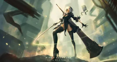 Fan art of 2B (YoRHa No.2 Type B) from NieR: Automata standing amidst a ruined cityscape with her sword drawn.