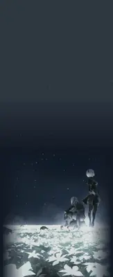 Fan art of 2B (YoRHa No.2 Type B) from NieR: Automata standing in a starlit field with another character, illuminated by glowing white flowers.