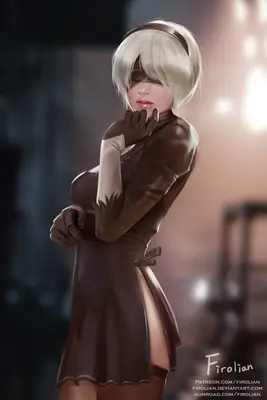 Fan art of 2B (YoRHa No.2 Type B) from NieR: Automata wearing a brown gothic-lolita dress with a blindfold.