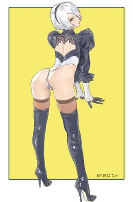 Fan art of 2B (YoRHa No.2 Type B) from NieR: Automata, depicted in a gothic-lolita style outfit with a blindfold and high-heeled boots against a yellow background.
