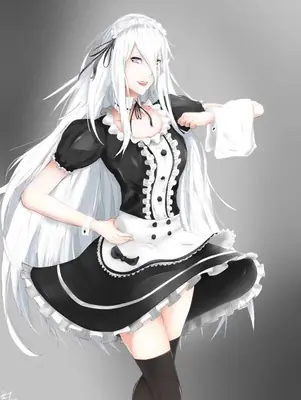 Fan art of 2B (YoRHa No.2 Type B) from NieR: Automata wearing a black and white gothic-lolita maid dress with long white hair and a blindfold.