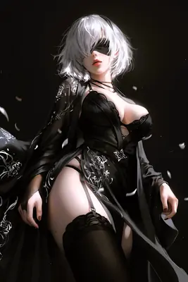 Fan art of 2B (YoRHa No.2 Type B) from NieR: Automata wearing a black gothic-lolita outfit with a blindfold and white hair.