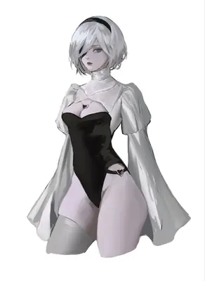 Digital illustration of 2B (YoRHa No.2 Type B) from NieR: Automata wearing a gothic-lolita style outfit with a blindfold and white hair.