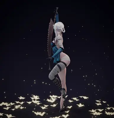 Fan art of 2B (YoRHa No.2 Type B) from NieR: Automata, depicted with white hair and a blindfold, holding a sword against a dark, starry background.