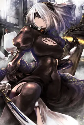 Fan art of 2B (YoRHa No.2 Type B) from NieR: Automata wearing a gothic-lolita style black dress with a blindfold, holding a sword in a post-apocalyptic urban setting.