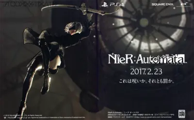2B (YoRHa No.2 Type B) from NieR: Automata in a dynamic action pose with a sword, set against a dark industrial backdrop.