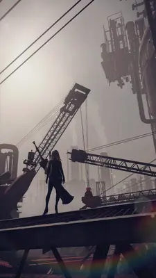 Silhouette of 2B (YoRHa No.2 Type B) from NieR: Automata standing on a platform amidst industrial ruins.