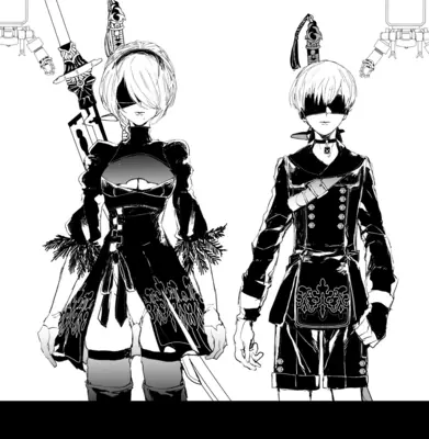 Black-and-white fan art of 2B and 9S from NieR: Automata, featuring their signature blindfolded appearances and YoRHa combat outfits.