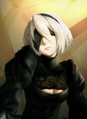 Digital illustration of 2B (YoRHa No.2 Type B) from NieR: Automata wearing a black gothic-lolita dress with a blindfold.