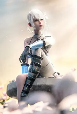 Fan art of 2B (YoRHa No.2 Type B) from NieR: Automata, depicted with white hair and a gothic-lolita outfit in a soft, dreamy setting.