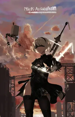 Fan art of 2B (YoRHa No.2 Type B) from NieR: Automata standing in a combat pose with swords against a post-apocalyptic sky.