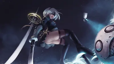 Digital illustration of 2B (YoRHa No.2 Type B) from NieR: Automata, depicted in a dramatic pose with her sword and blindfold against a dark, post-apocalyptic backdrop.