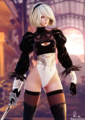 Fan art of 2B (YoRHa No.2 Type B) from NieR: Automata, depicted in a gothic-lolita style outfit with a blindfold and sword.