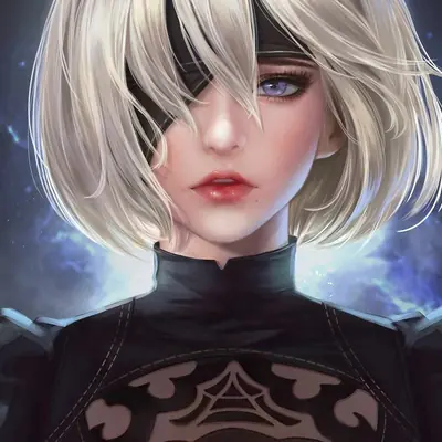 Fan art of 2B (YoRHa No.2 Type B) from NieR: Automata, featuring her signature black dress and blindfold against a cosmic background.