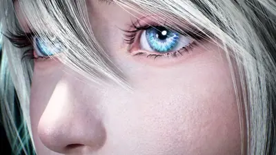 Close-up of 2B (YoRHa No.2 Type B) from NieR: Automata, showing her blue eyes and white hair.