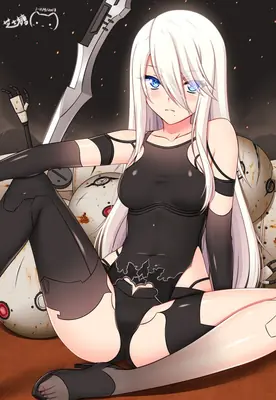 Fan art of 2B (YoRHa No.2 Type B) from NieR: Automata, depicted in a black dress with a blindfold and sword, sitting amidst post-apocalyptic debris.