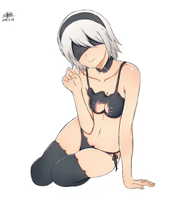 Fan art of 2B (YoRHa No.2 Type B) from NieR: Automata wearing a black swimsuit with cat ears and a blindfold, kneeling against a plain white background.