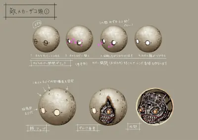 Concept art for a camera cover design from the video game NieR: Automata, featuring spherical mechanical components and a menacing robotic face.