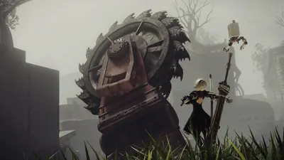 2B (YoRHa No.2 Type B) from NieR: Automata stands in a foggy, overgrown urban ruin with a large mechanical gear and a fallen robot nearby.