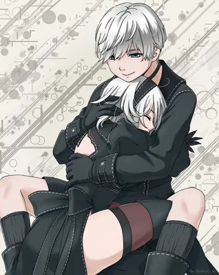 Fan art of 2B (YoRHa No.2 Type B) hugging 9S from NieR: Automata, depicted in a tender moment with white hair and black gothic-lolita attire.
