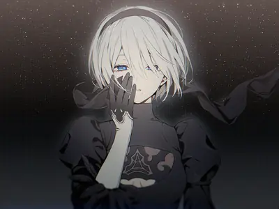 2B (YoRHa No.2 Type B) from NieR: Automata wearing a black gothic-lolita dress with a blindfold, standing against a starry grid background.
