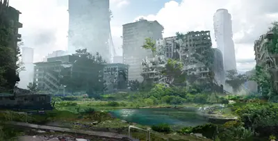 A digital illustration of a post-apocalyptic cityscape from NieR: Automata, featuring overgrown ruins and abandoned skyscrapers.