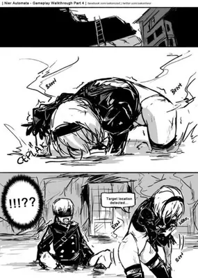 Black-and-white fan art of 2B (YoRHa No.2 Type B) from NieR: Automata, depicted in a dynamic combat pose with 9S nearby in a post-apocalyptic urban setting.