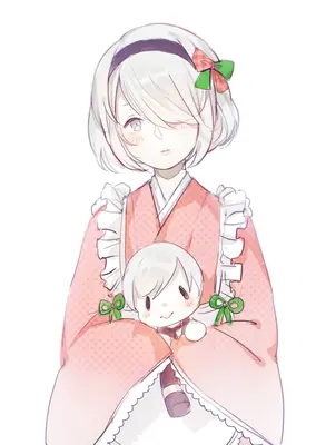 Fan art of 2B (YoRHa No.2 Type B) from NieR: Automata wearing a pink kimono with ruffles and holding a chibi version of herself.
