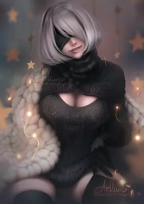 Digital illustration of 2B (YoRHa No.2 Type B) from NieR: Automata wearing a black gothic-lolita dress with a blindfold and surrounded by star-shaped lights.