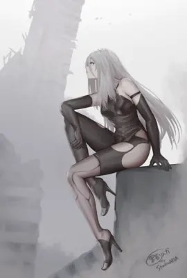 Digital illustration of 2B (YoRHa No.2 Type B) from NieR: Automata sitting on a concrete ledge in a desolate urban environment.
