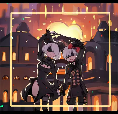 Digital illustration of 2B and A2 from NieR: Automata standing together in a post-apocalyptic cityscape at sunset.
