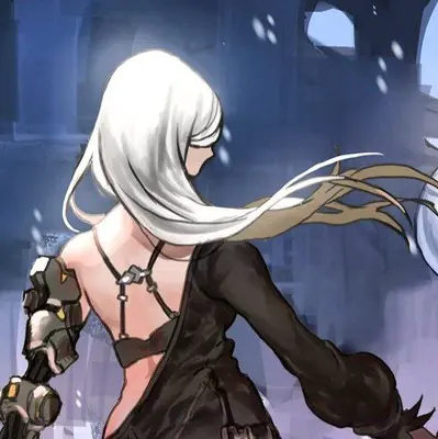 2B (YoRHa No.2 Type B) from NieR: Automata shown from behind in a dark, gothic-lolita style outfit with white hair flowing, standing in a dimly lit, post-apocalyptic ruin.