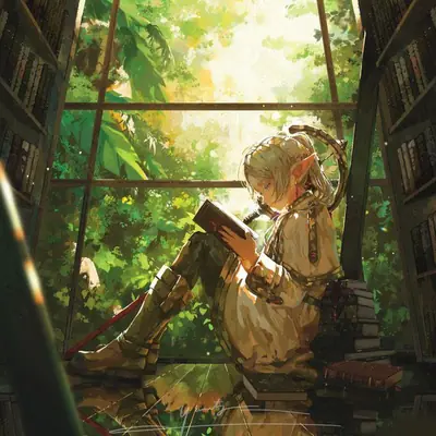 2B (YoRHa No.2 Type B) from NieR: Automata sits reading a book in a sunlit library surrounded by greenery.