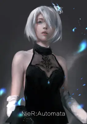 Digital illustration of 2B (YoRHa No.2 Type B) from NieR: Automata wearing a black gothic-lolita dress with white gloves and a blindfold.