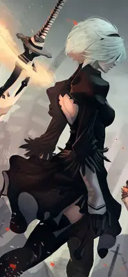 Fan art of 2B (YoRHa No.2 Type B) from NieR: Automata holding a sword in a dynamic combat stance.