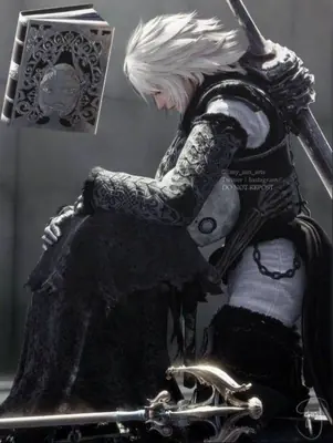 Fan art of 2B (YoRHa No.2 Type B) from NieR: Automata depicted in a gothic-lolita outfit with a blindfold and sword.