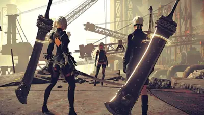 Fan art of 2B (YoRHa No.2 Type B) from NieR: Automata standing with a large sword in a ruined industrial landscape.