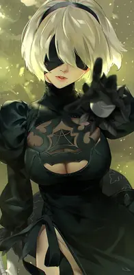 Fan art of 2B (YoRHa No.2 Type B) from NieR: Automata wearing a black gothic-lolita dress with a blindfold and gloves.