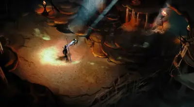 2B (YoRHa No.2 Type B) from NieR: Automata stands in a dimly lit cave with torches and glowing mushrooms, holding a sword.