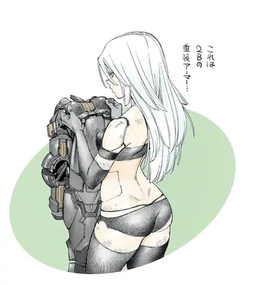 Fan art of 2B (YoRHa No.2 Type B) from NieR: Automata, depicted holding her combat armor with a blindfold and white hair.